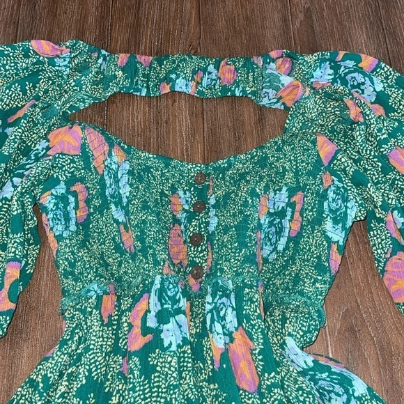 Free People Floral Dress Women’s S Green Open Back Puff Sleeve Smocked Summer - Picture 7 of 10